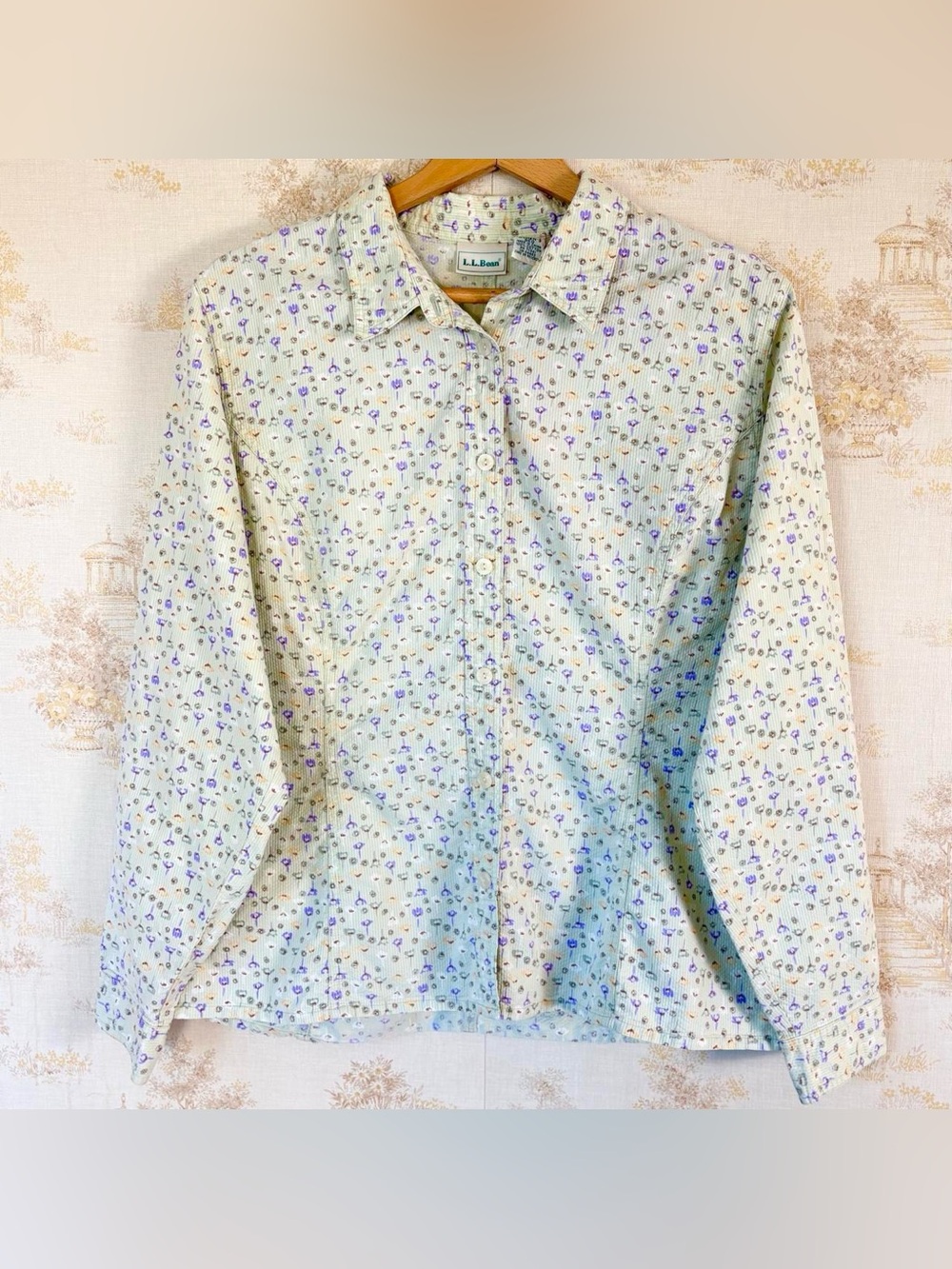 Vintage 90s L.L. Bean Ditsy Floral Green Cottagecore Corduroy Shirt Cabincore L